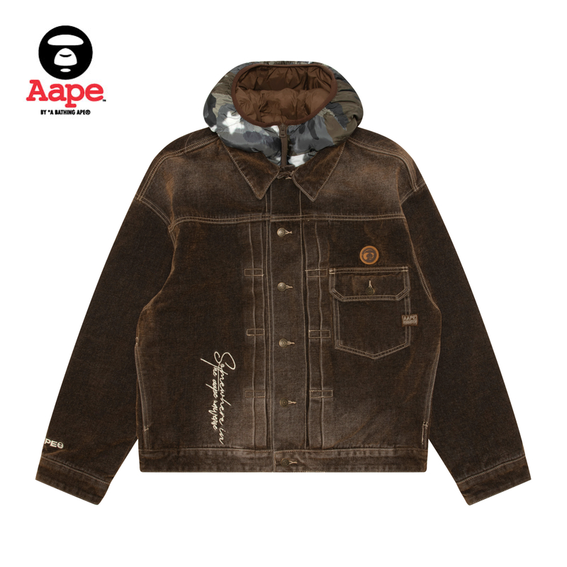 Aape旗舰店男装25秋冬可拆卸迷彩帽水洗做旧牛仔夹克外套7749XAP