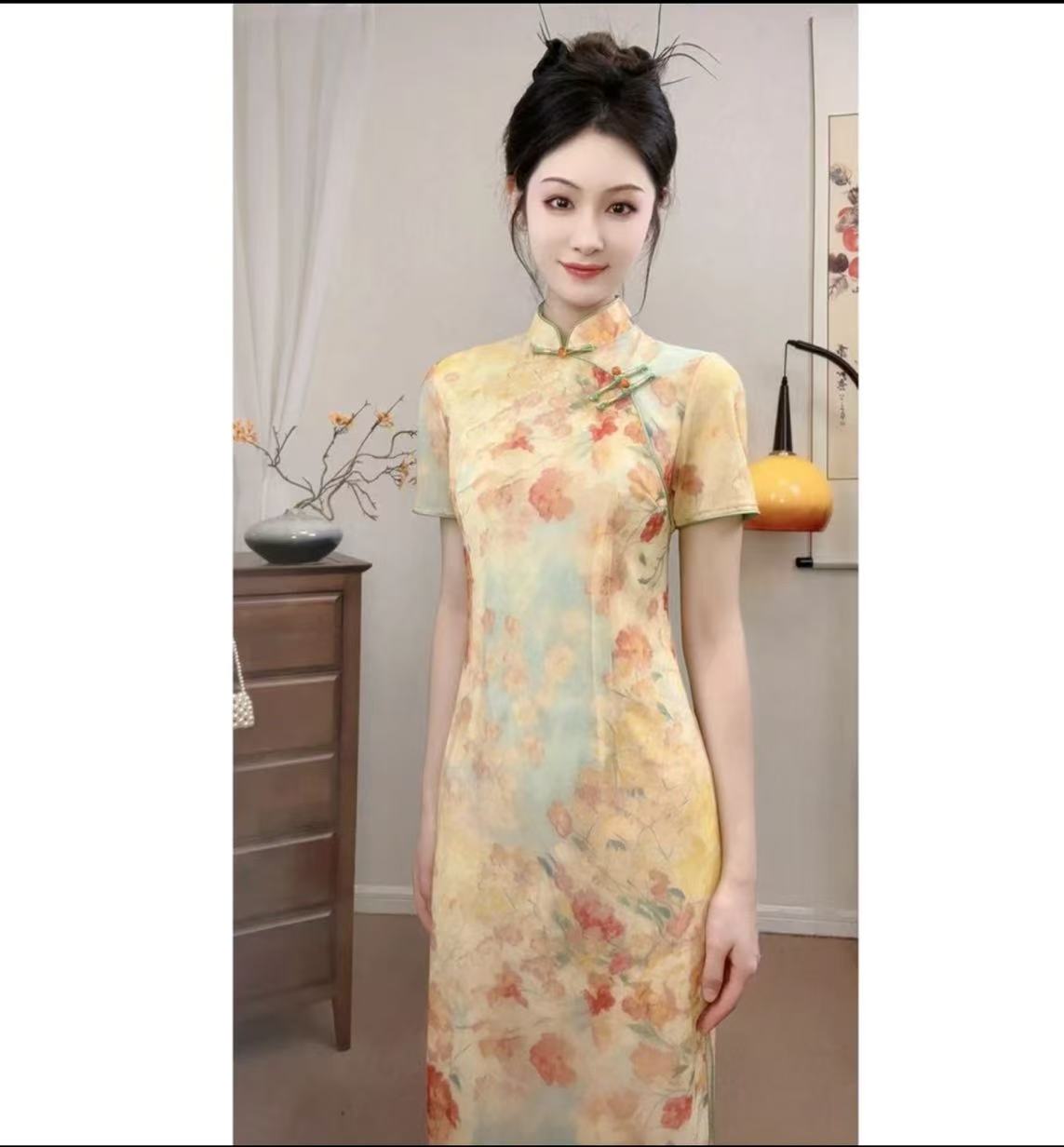 【为伊-花未眠】2025新款夏季新中式中长款双层复古气质旗袍日常