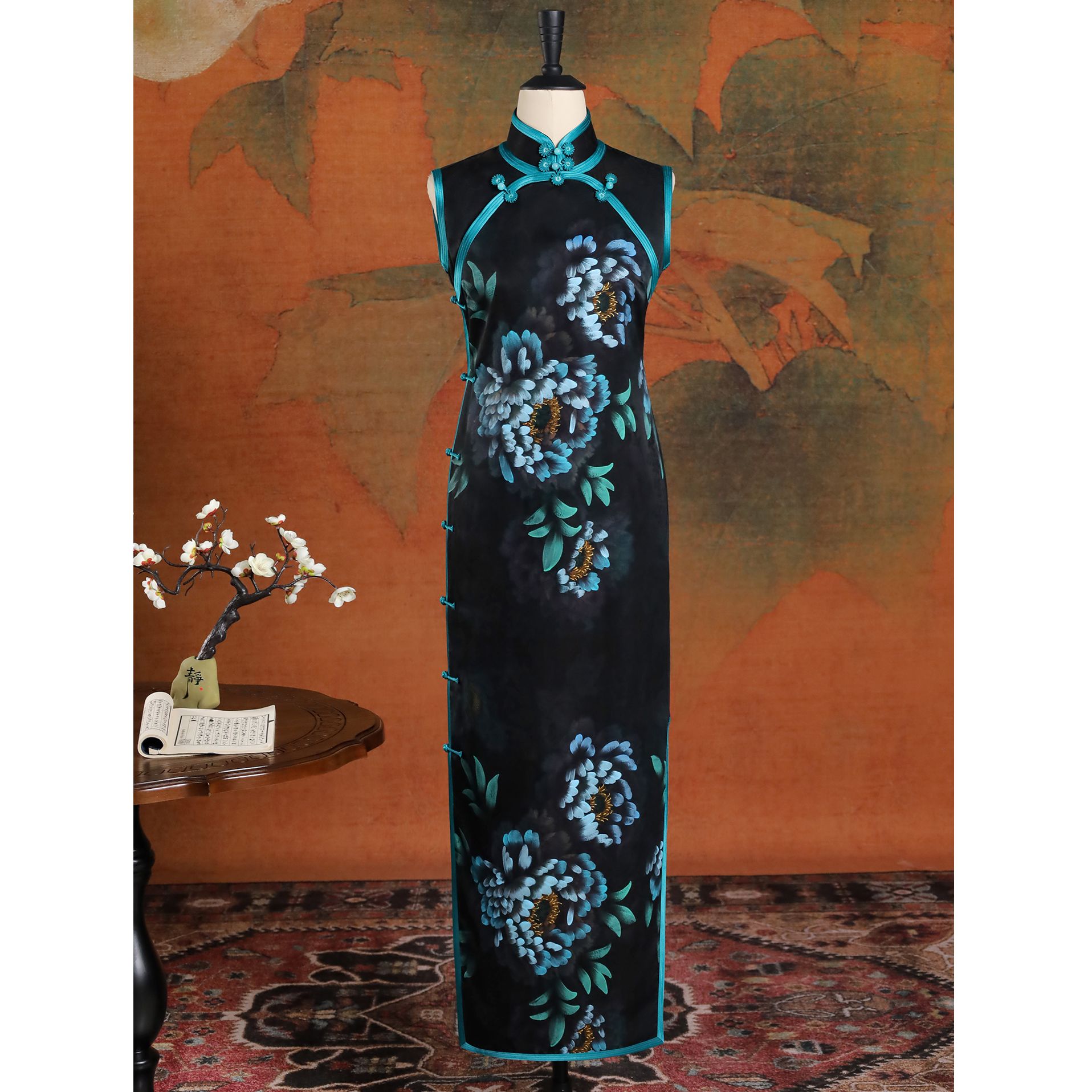 女神姑娘【玉兰卿】重缎香云纱手绘无袖古法开襟旗袍Q51004-8-40