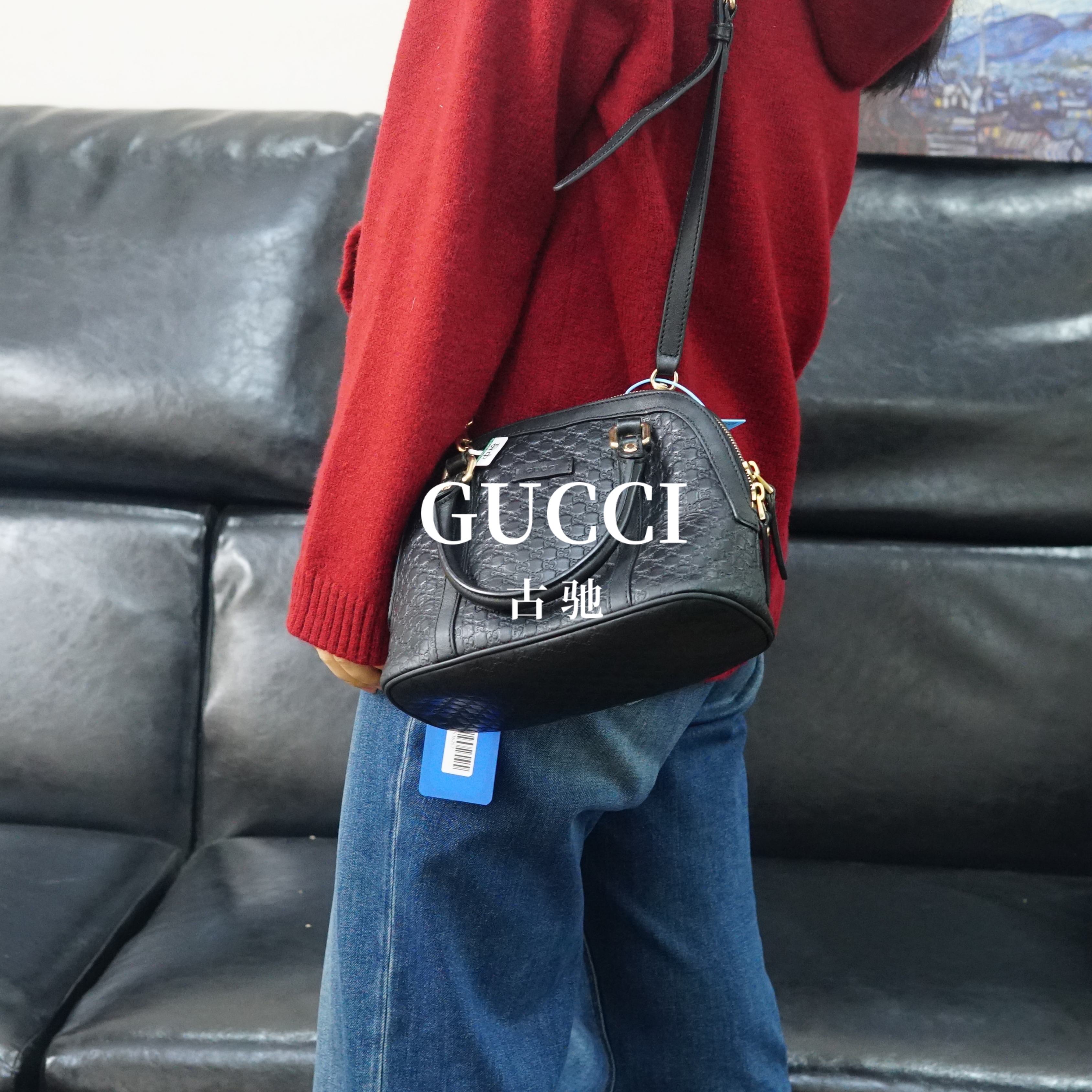 95新 GUCCI/古驰 黑色压纹斜挎包/HD01516257/6257