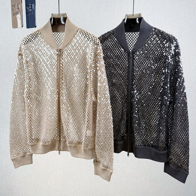 星光闪闪~老钱风时尚设计感重工亮片镂空棒球服短外套女篙阶罩衫