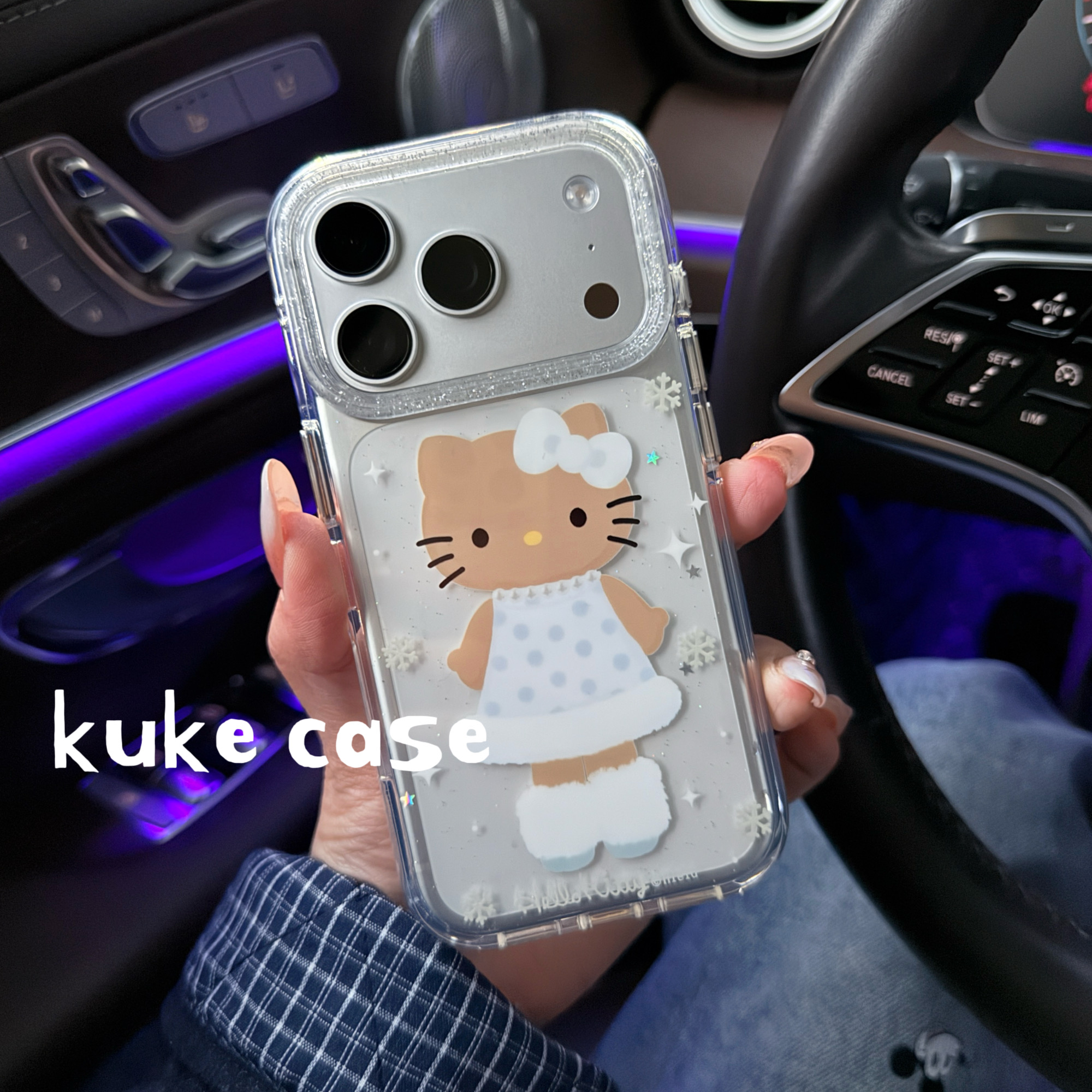 【适用苹果】ins冬日雪花长腿Kitty透明闪粉圆边气囊手机壳苹果17