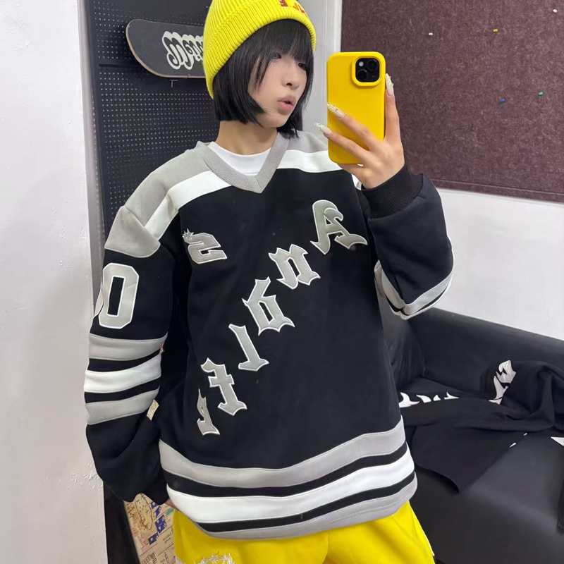 【特价 NO腿NO换】美式潮牌加绒V领重工刺绣卫衣男女同款