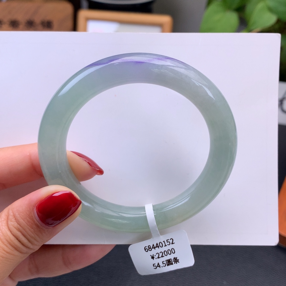 翡翠手镯未镶嵌糯冰晴底飘紫圆条手镯（冰晶细纹）