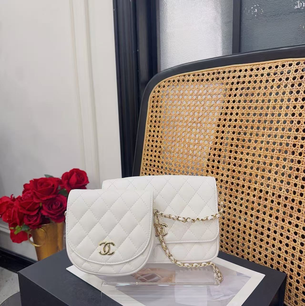 95新 Chanel/香奈儿 GGS香奈儿双子星白色金扣羊皮65084979