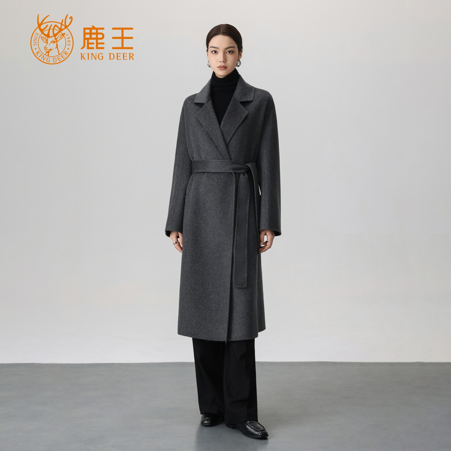 鹿王25秋冬新款女翻领100山羊绒系带长款双面呢大衣 YFL8003