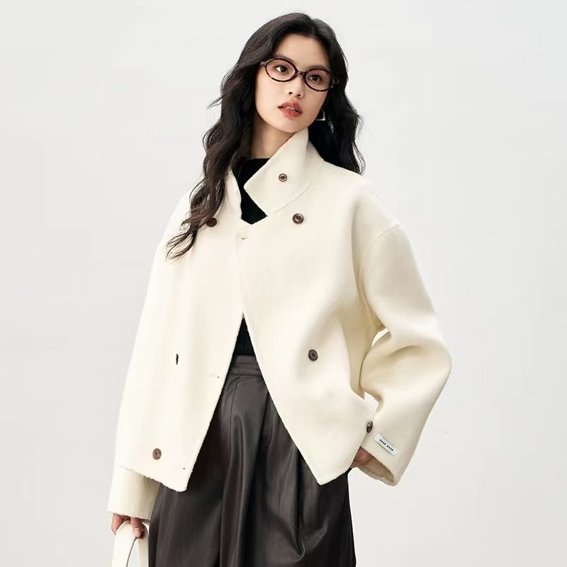 新款韩系立领双面羊毛大衣外套小个子双排扣时尚气质-9997