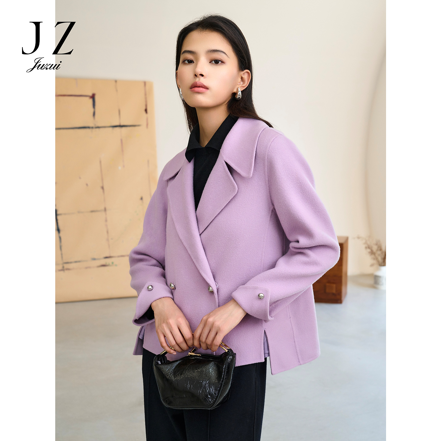商场同款JZ玖姿通勤100羊毛双面呢短大衣女2024冬季新款JWED72306