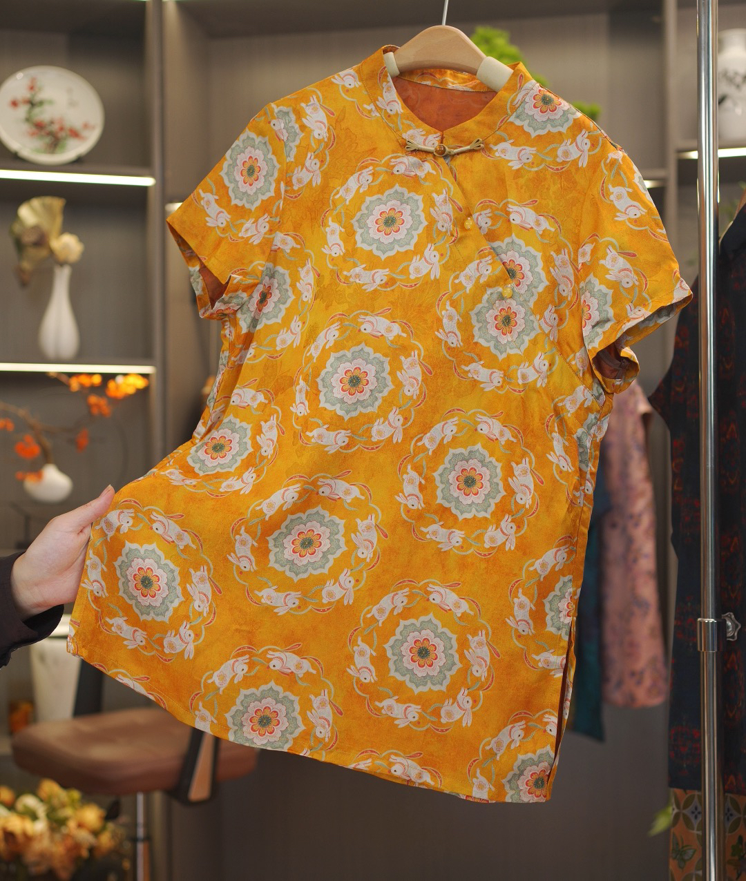 【宝相玉兔-飞袖奥黛】中式中长款桑蚕丝晕染飞飞袖奥黛上衣