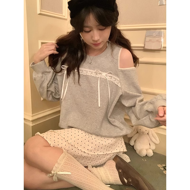 2025春秋款哺乳衣露肩慵懒风蝴蝶结蕾丝产后辣妈款宽松喂奶卫衣女