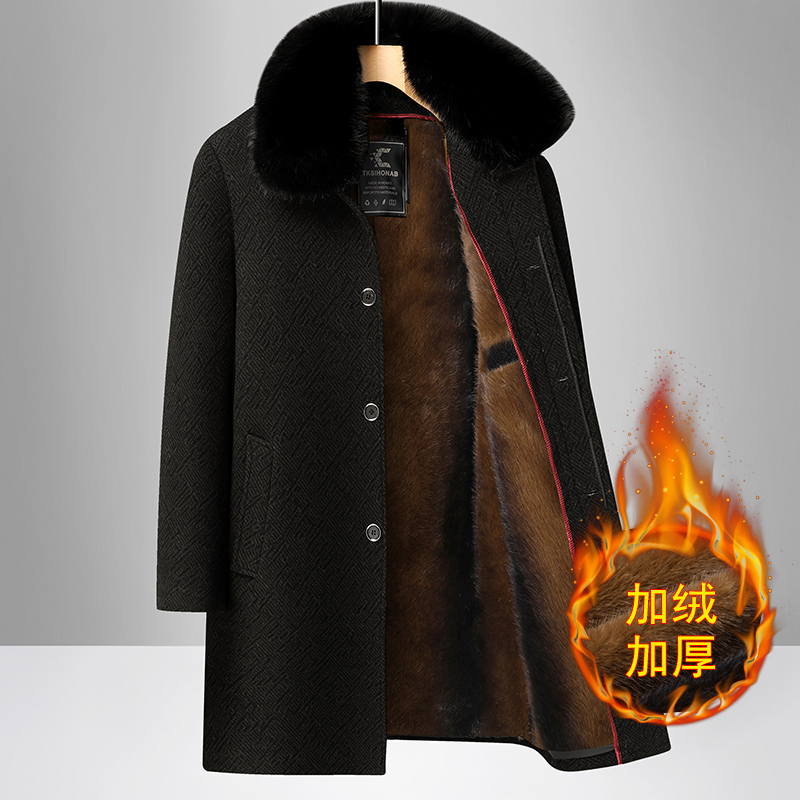 中长款男士休闲呢子大衣秋冬棉衣加绒加厚爸爸装可脱卸保暖棉衣