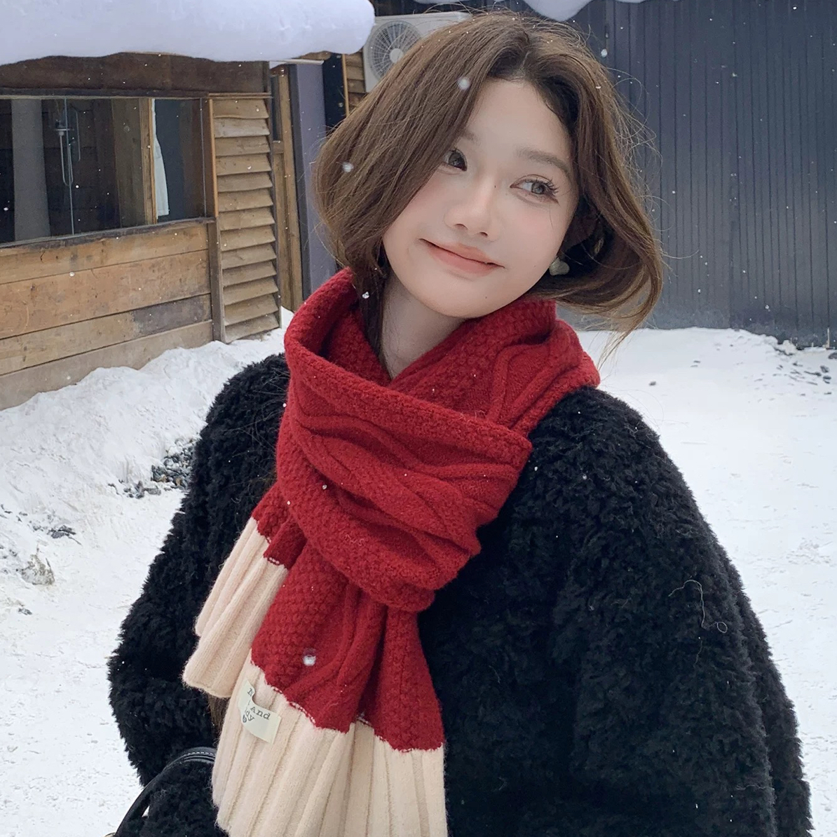 新款韩系撞色麻花针织冬天围巾红色秋冬加厚保暖百搭情侣围脖披