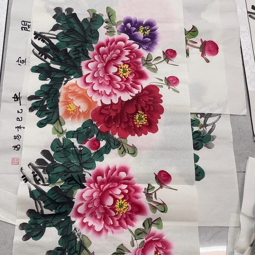 国画国画作品原稿三尺横幅牡丹落款