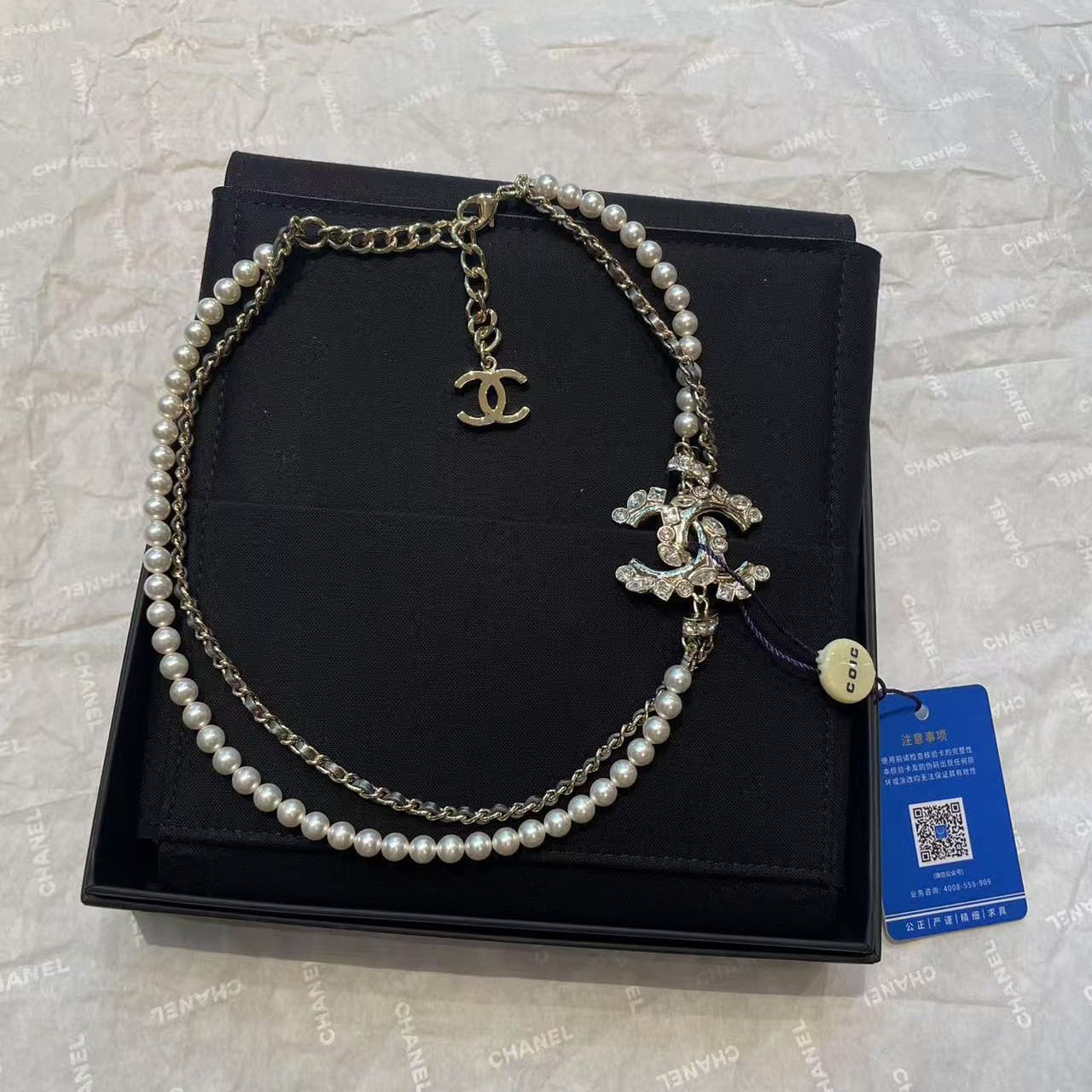 未使用 Chanel/香奈儿 双c满钻双层珍珠黑皮绳项链
