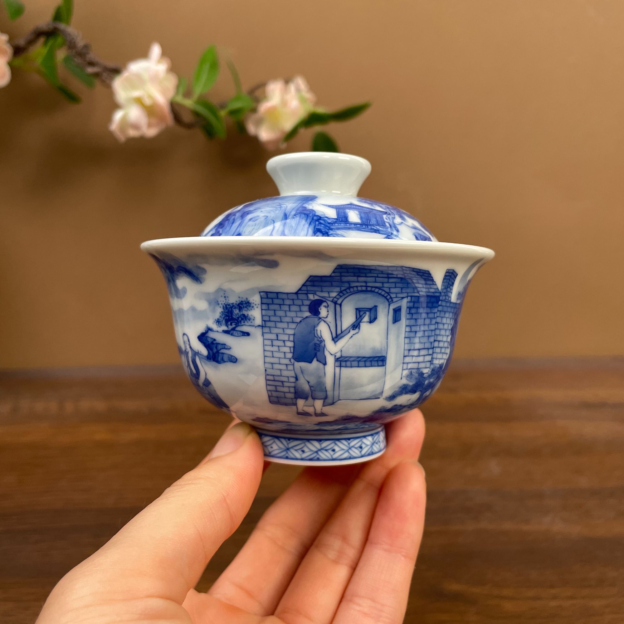 【九茗珍藏】林意宋画山水窑前树盖碗130cc 手工手绘景德镇茶具