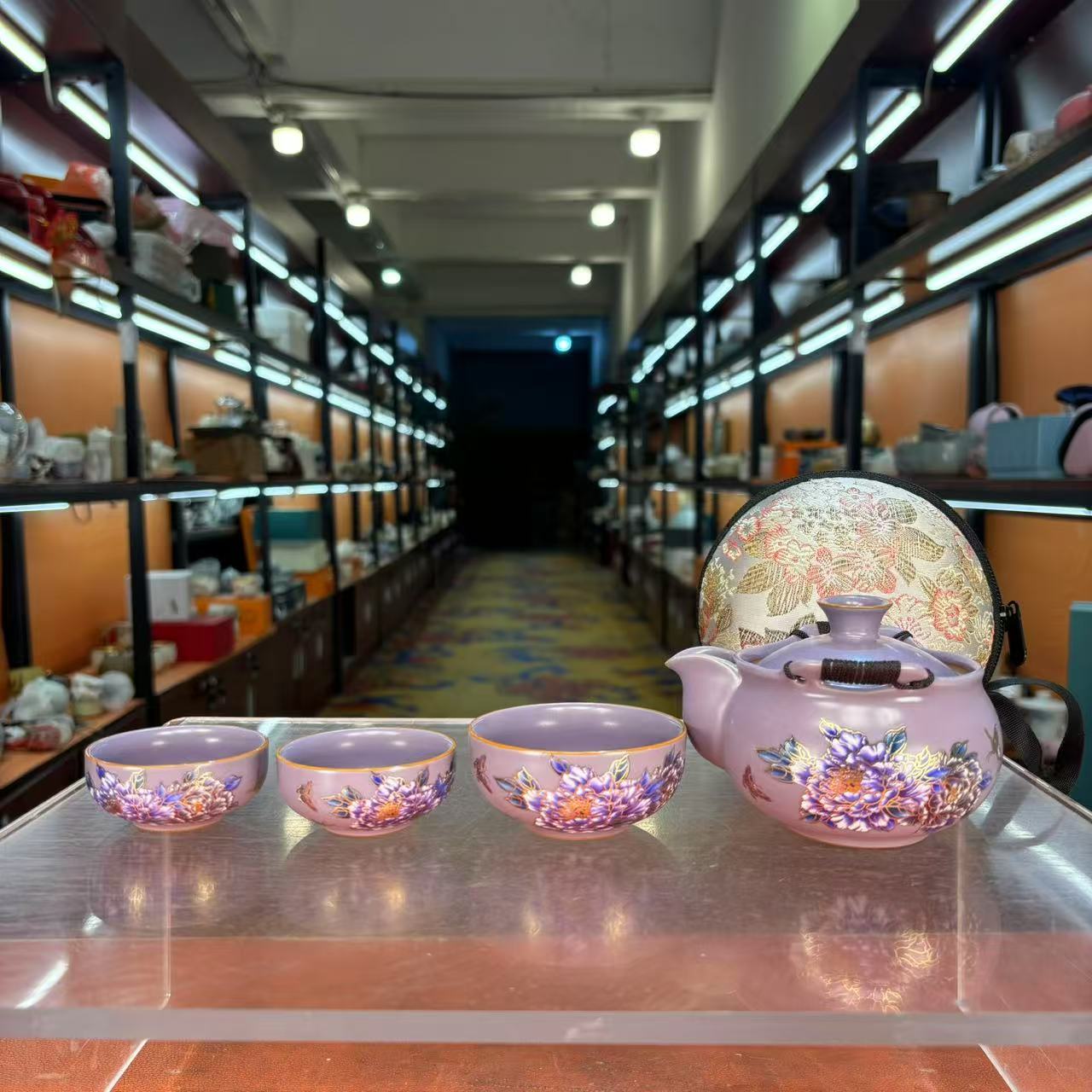 茗香瓷器 紫色变色牡丹旅行茶具户外便携式旅行茶具-5938