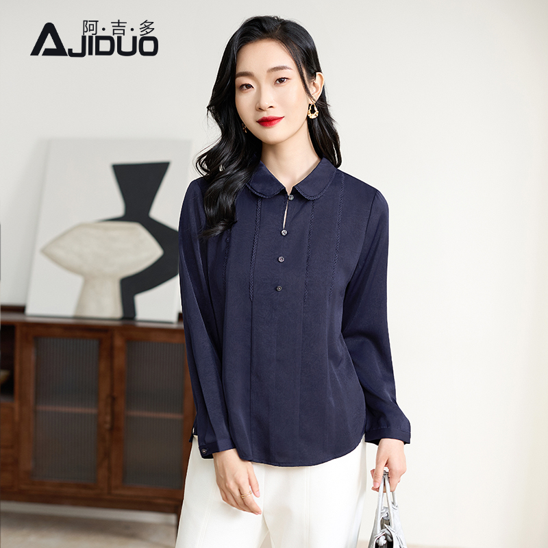 阿吉多长袖藏蓝色雪纺衫女秋季2025新款妈妈高级洋气小衫大码上衣