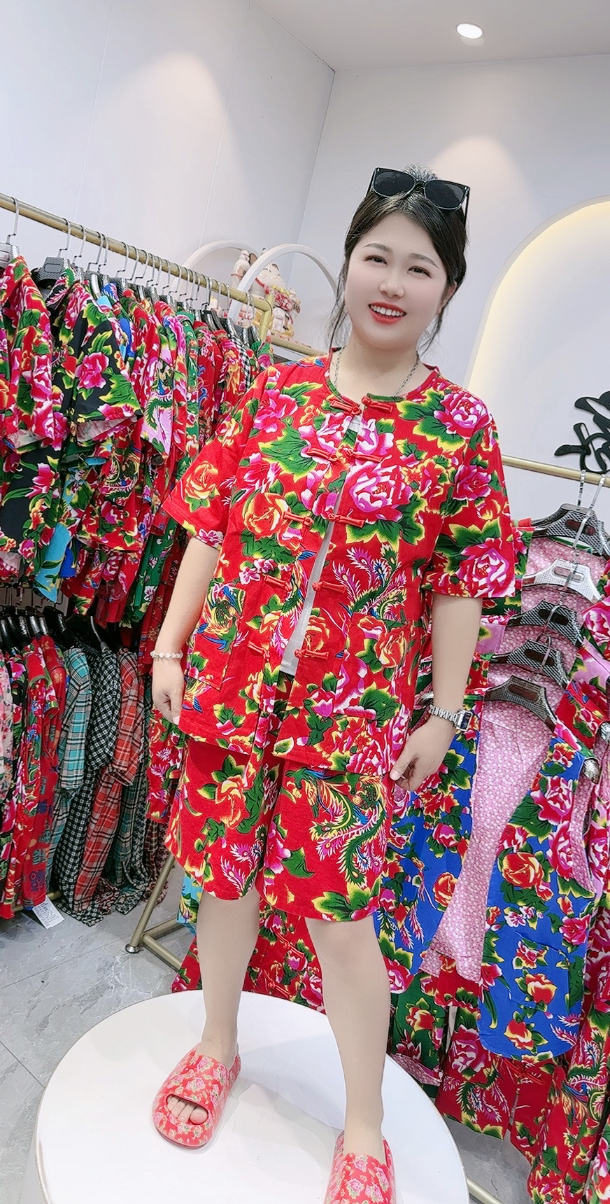 夏季男女同款东北大花圆领半袖短裤套装时尚百搭套装