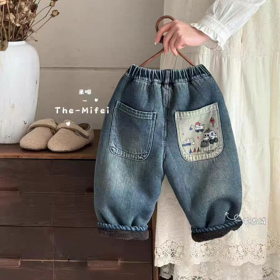 男童牛仔裤2025新款韩版女童羊驼绒宽松冬款加厚中小童保暖直筒裤