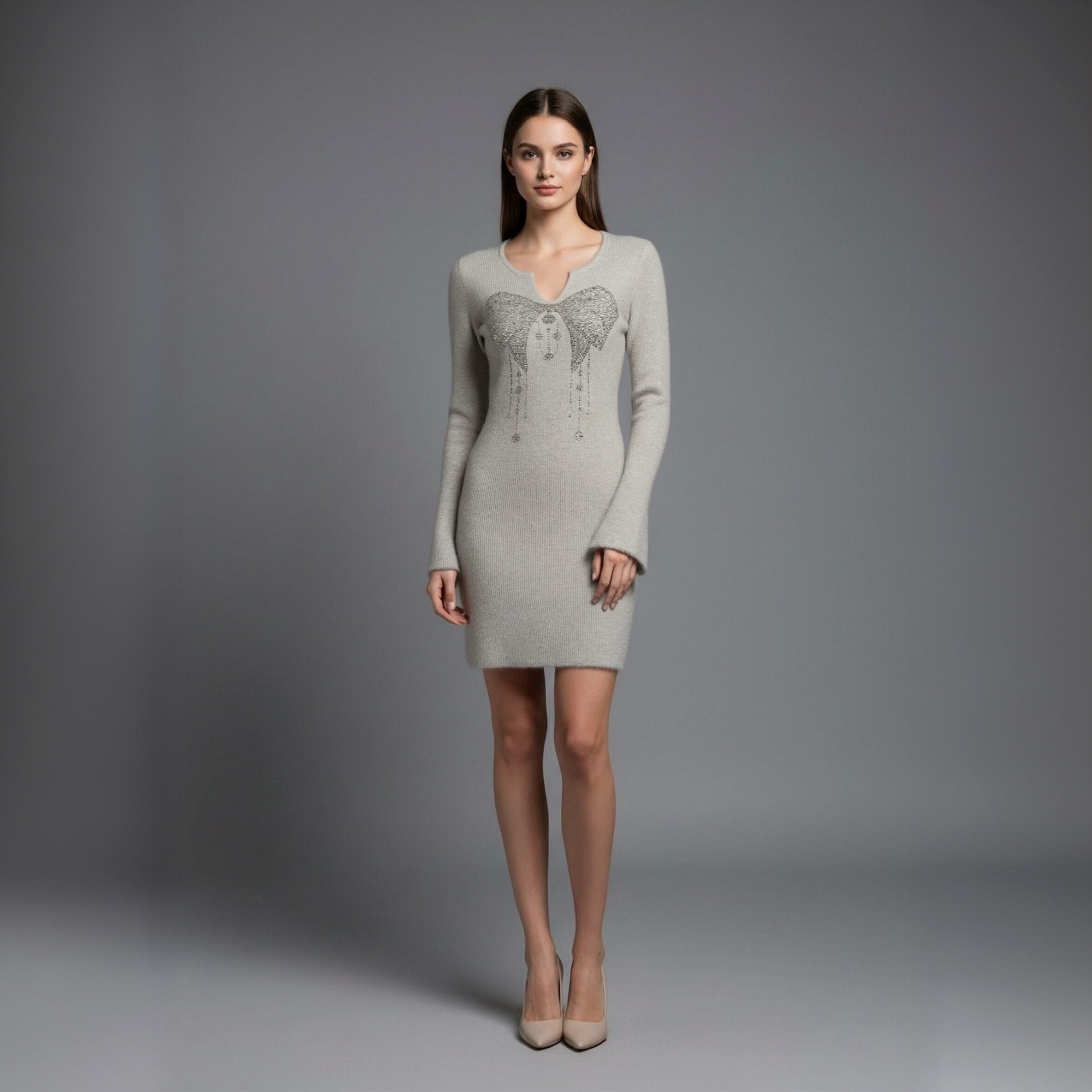 TCH-时尚潮牌【含绵羊毛】蝴蝶结烫钻卡其色连衣裙T75D30E1061