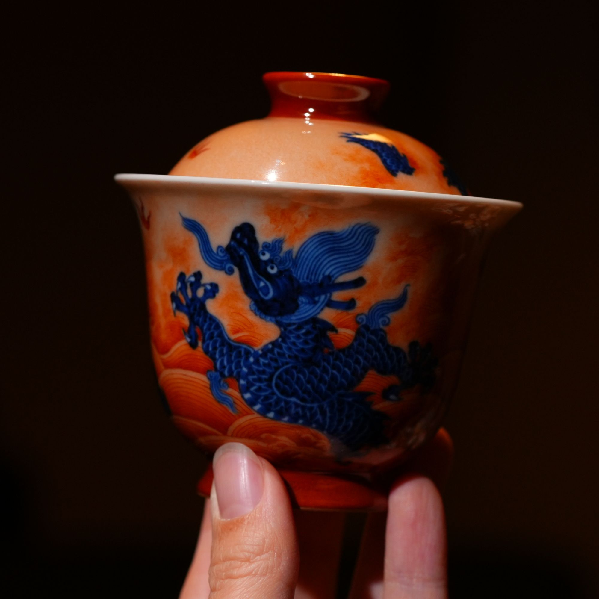 团窑 明式青花矾红海水龙纹泡岩茶盖碗高端茶器仿明仿古手绘茶具