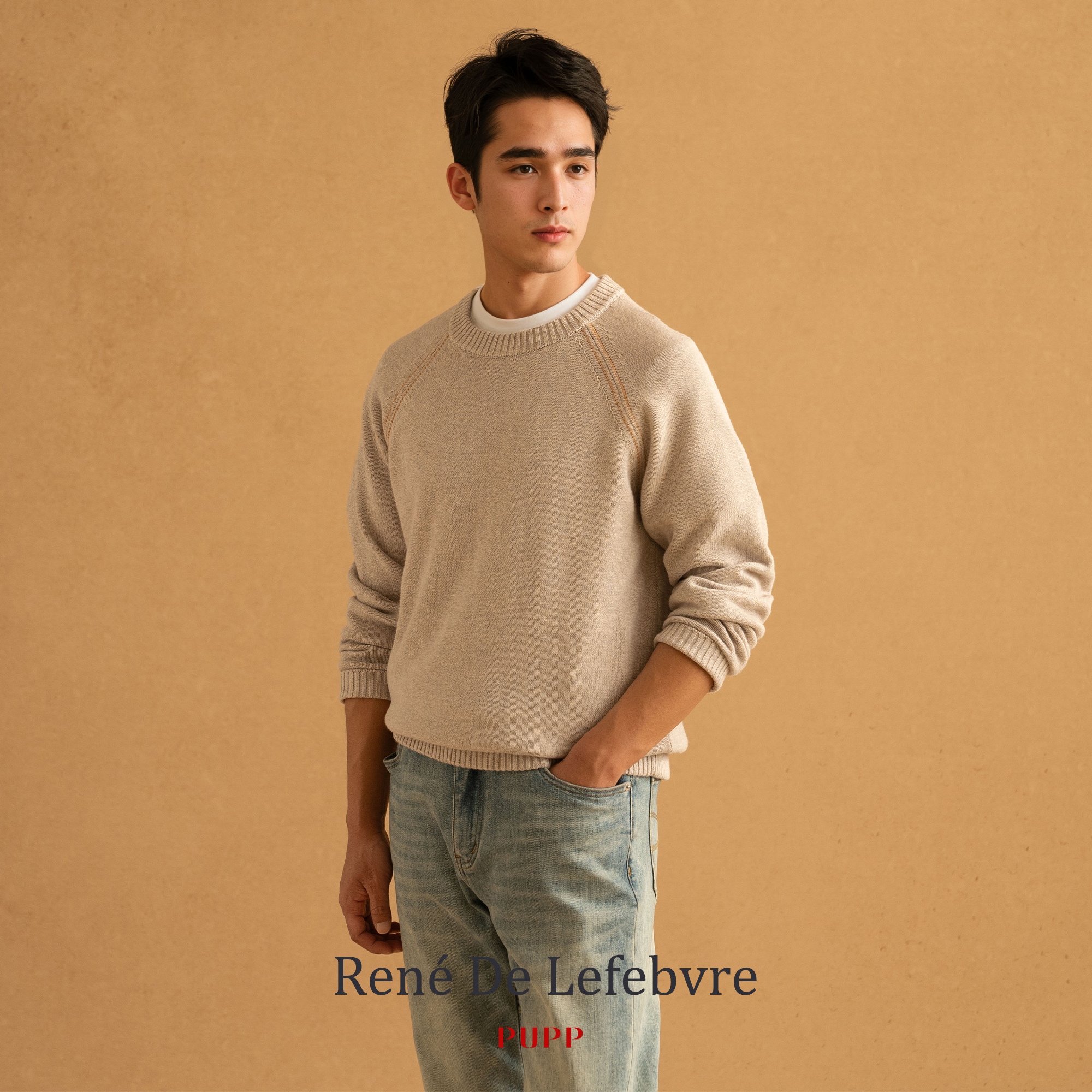 René De Lefebvre秋冬长袖套头插肩袖撞色设计纯色男士针织毛衣