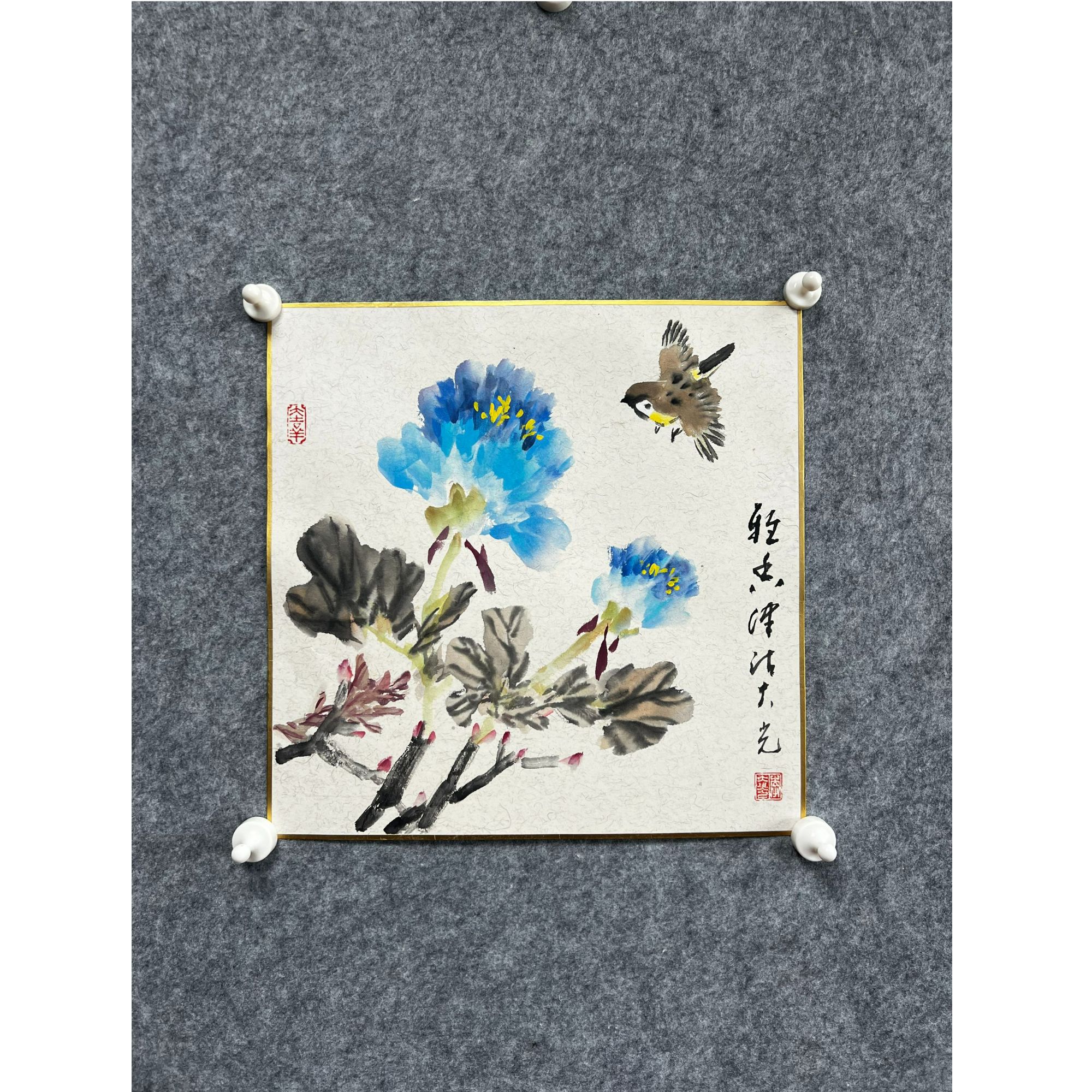 84-LDG 国画 花鸟 卡板 蓝色