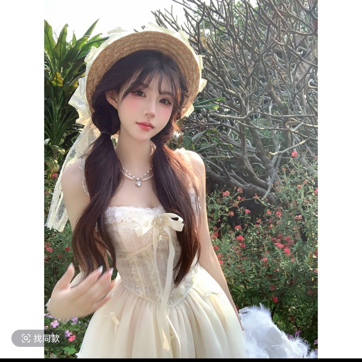 瑞茜·威瑟斯杏茶白日梦 夏季甜美显瘦修身小众短款连衣裙R1015T