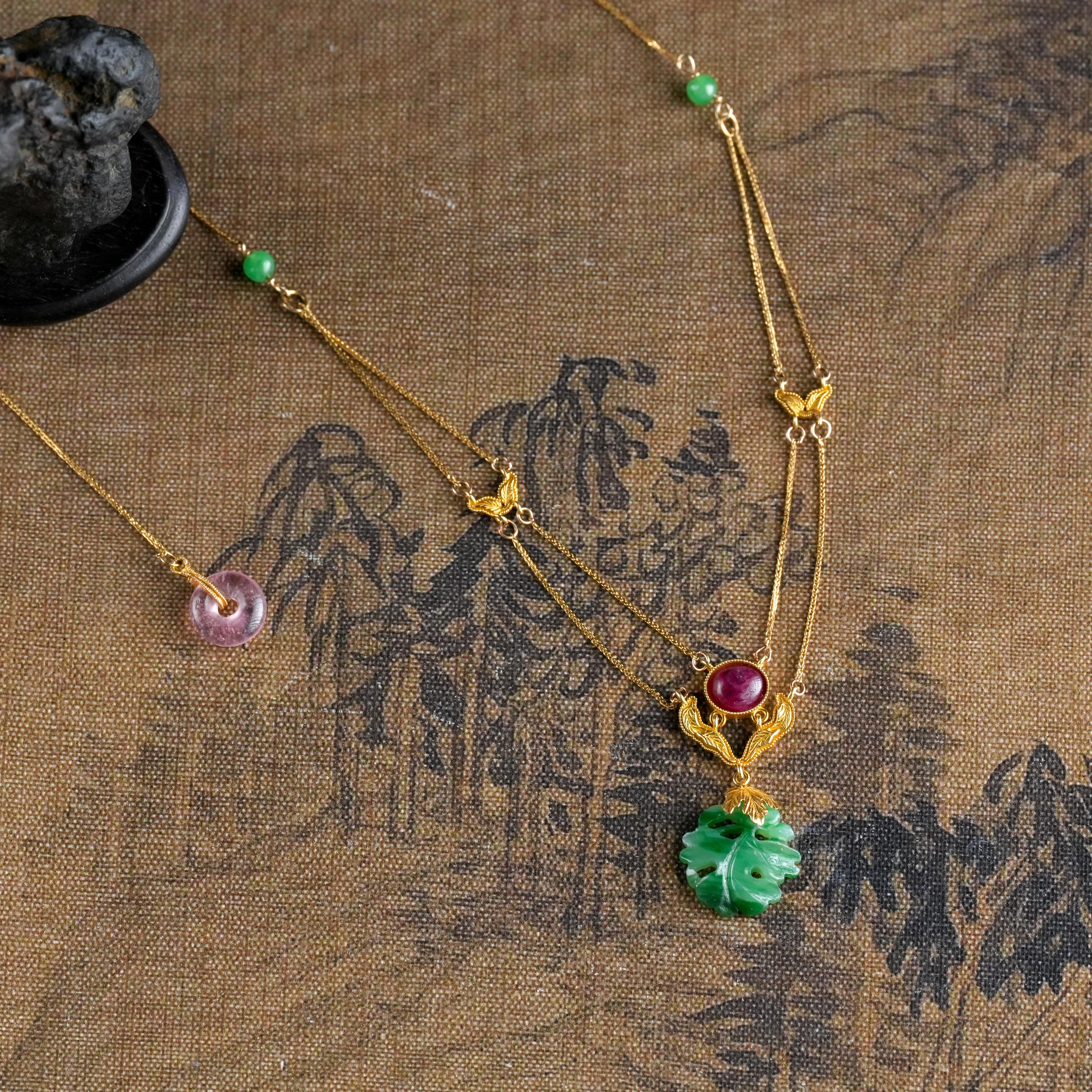 【观月】【披云】18k金镶嵌缅甸A货翡翠复古项链锁骨链