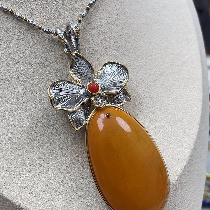 琥珀珠宝奇石银S925镶嵌一套