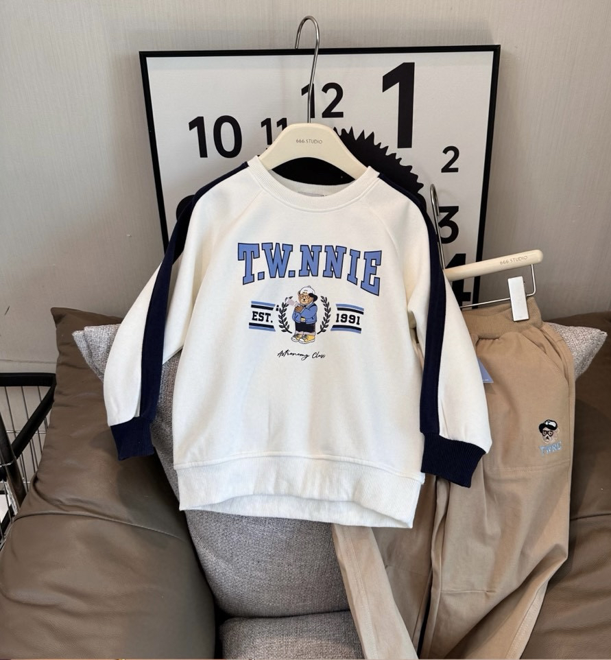 美式男童撞色拼接长袖卫衣儿童春秋休闲宽松印花圆领韩版洋气大童