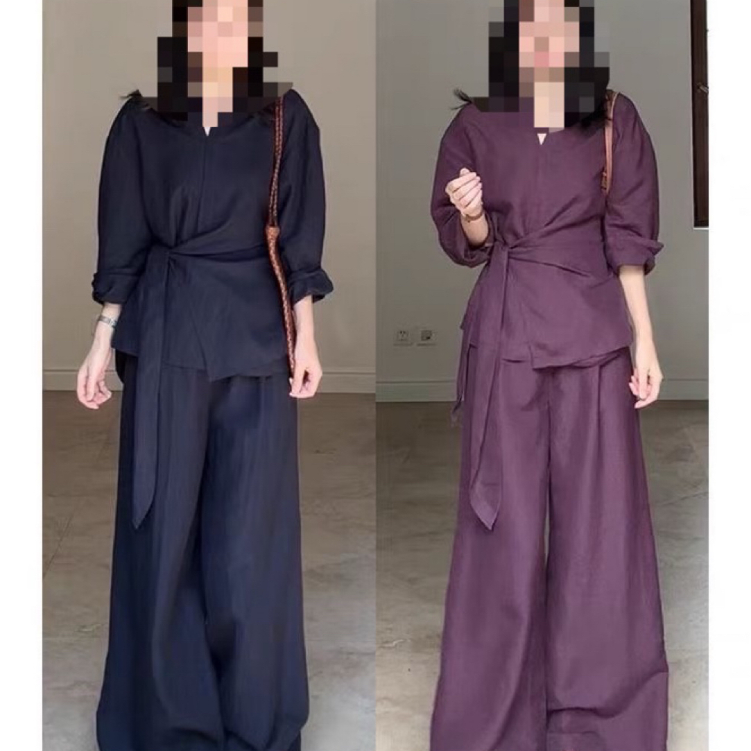 大码秋季新款胖mm慵懒风气质休闲收腰显瘦衬衫阔腿裤两件套女1923