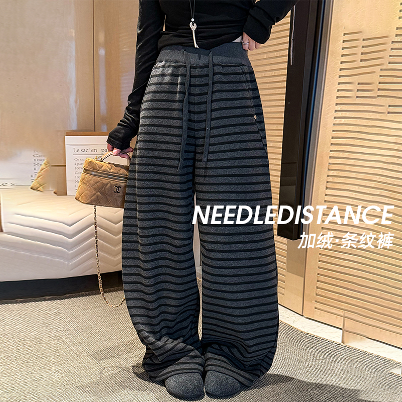 贴标条纹拖地加绒阔腿裤女欧洲2025冬装新款欧货女装休闲裤子潮