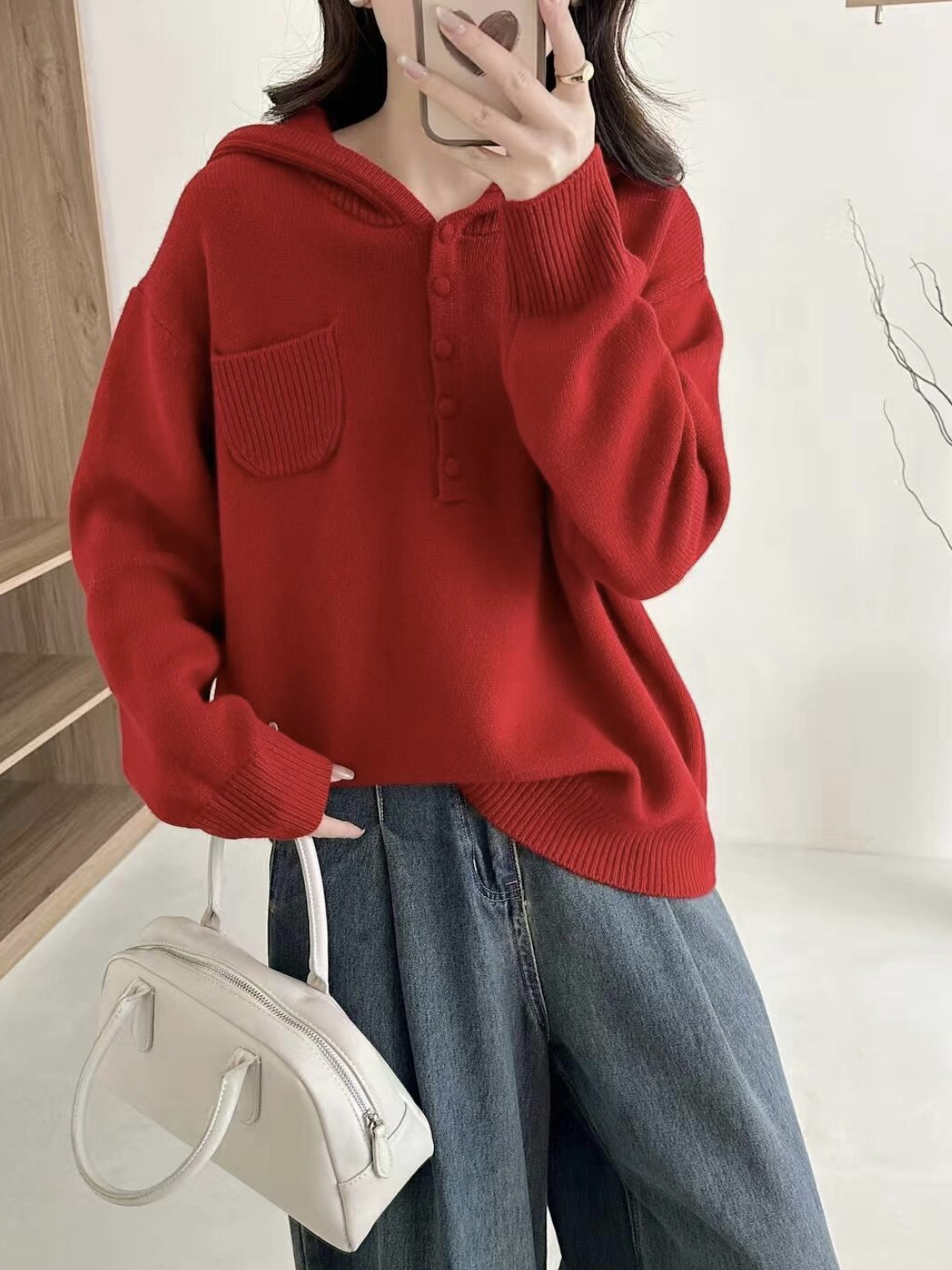 【新年红】独立设计师品牌女装秋冬新款加厚宽松连帽毛衣9643