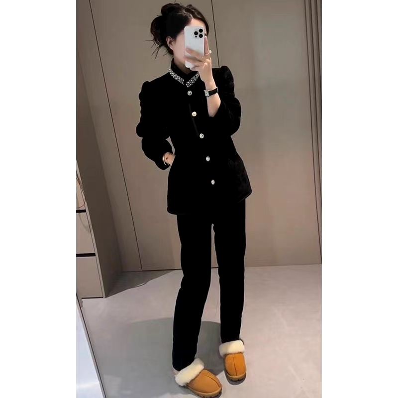 冬季外穿时尚珍珠领雪尼尔竖条纹三层加厚家居服套装