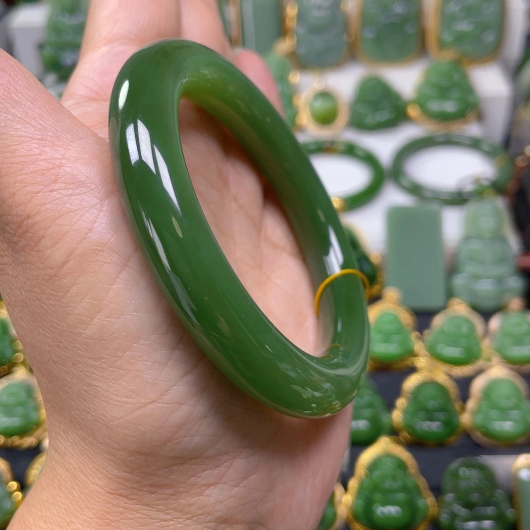 猴教授珠宝纯天然正宗俄料碧玉玻璃底浓粉绿猫眼手镯56mm