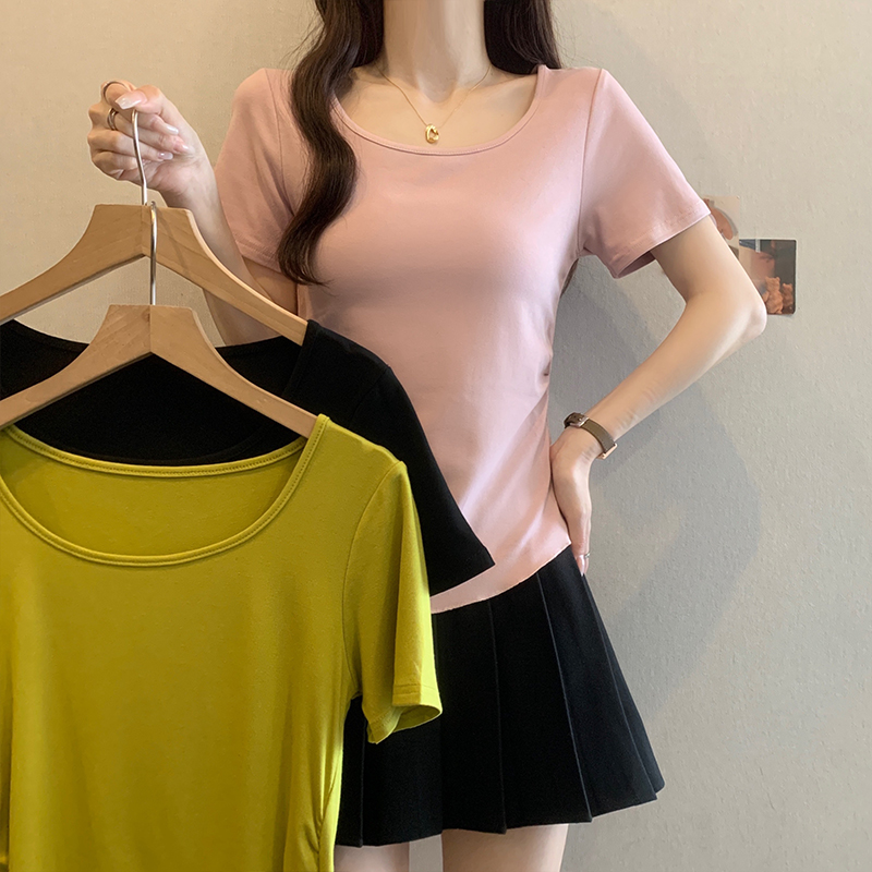 K胖MM纯色u型领褶皱短袖女T恤夏季大码洋气减龄显瘦正肩上衣遮肚