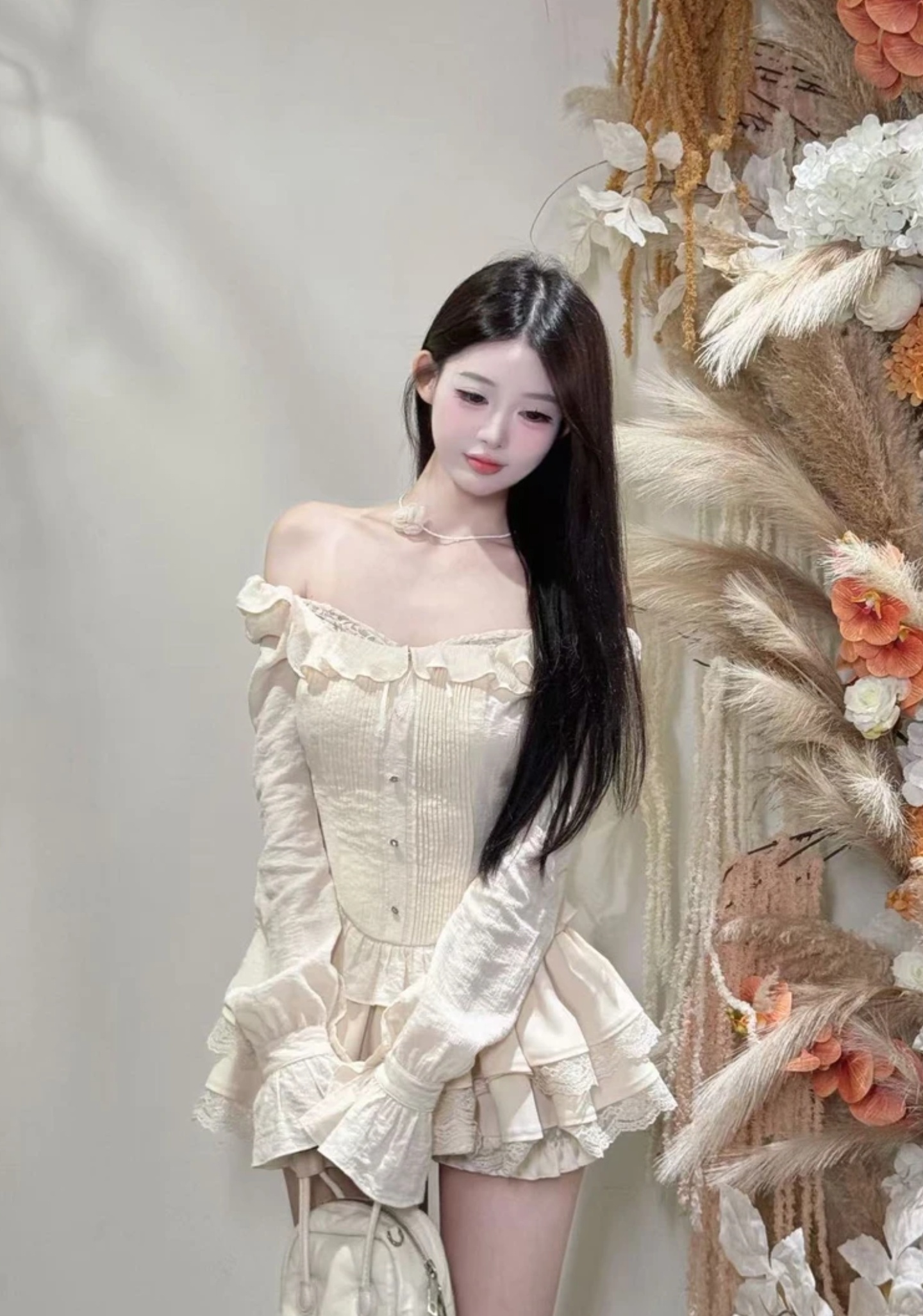 【小琪•风荷举晚】气质甜美风法式时尚套装甜美一字肩显瘦251736