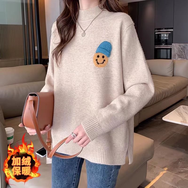 一体绒帽子笑脸~半高领毛衣女秋冬2025年新款宽松针织衫