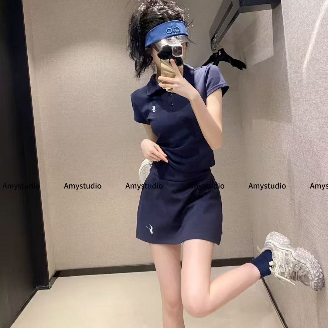 时尚休闲风运动套装女夏舒适刺绣POLO领短袖T恤高腰半身裤两件套