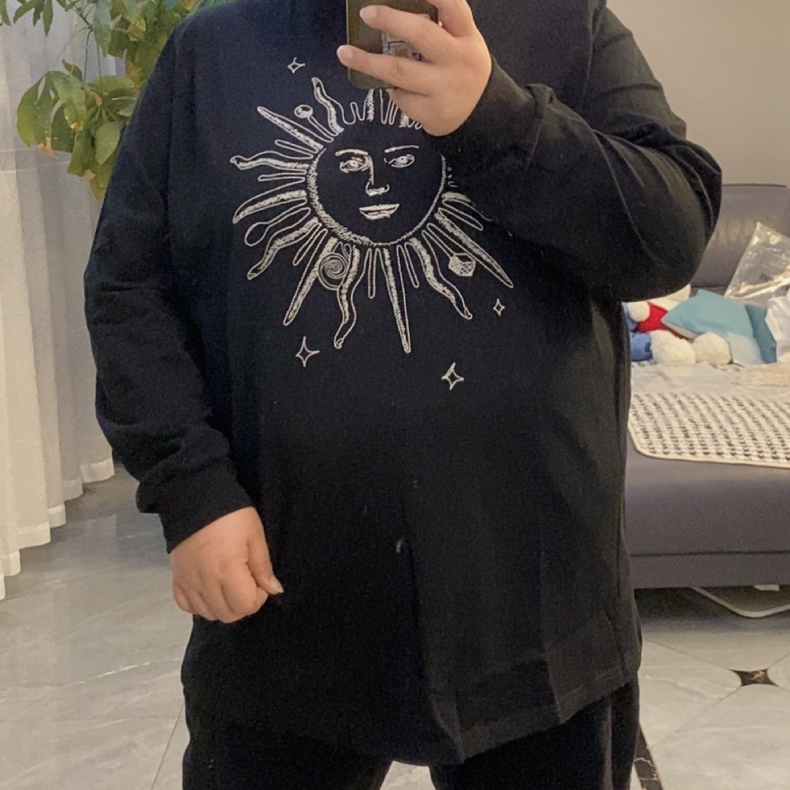 太阳花秋冬新款大码圆领中长款宽松版刺绣太阳神长袖T恤8195女装