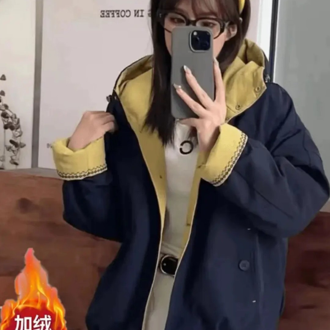 （加绒加厚）款纯色连帽冬季派克服拼接百搭网红女士大衣