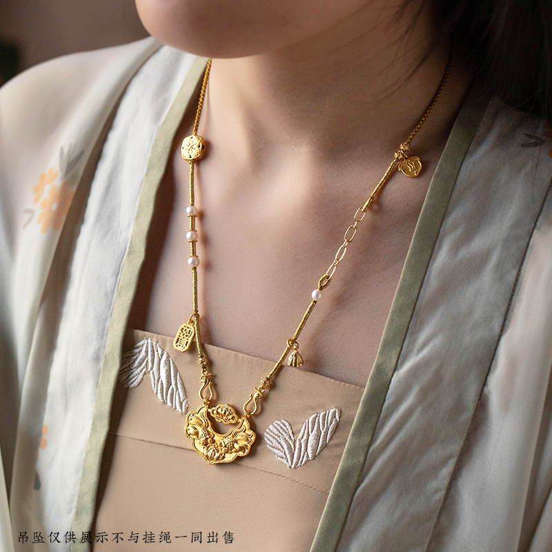 手工编长命锁项链绳女气质吊坠双耳挂绳大气挂脖编绳古风毛衣链