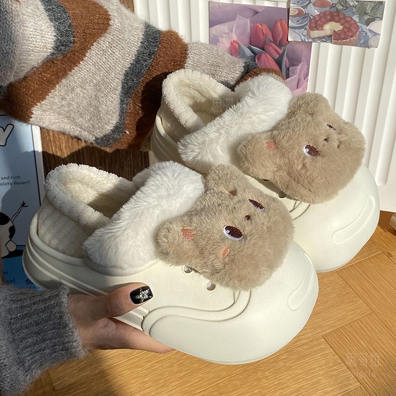 EVA可爱小熊女生保暖棉鞋毛绒冬季可拆厚底带后跟外穿防滑棉拖鞋