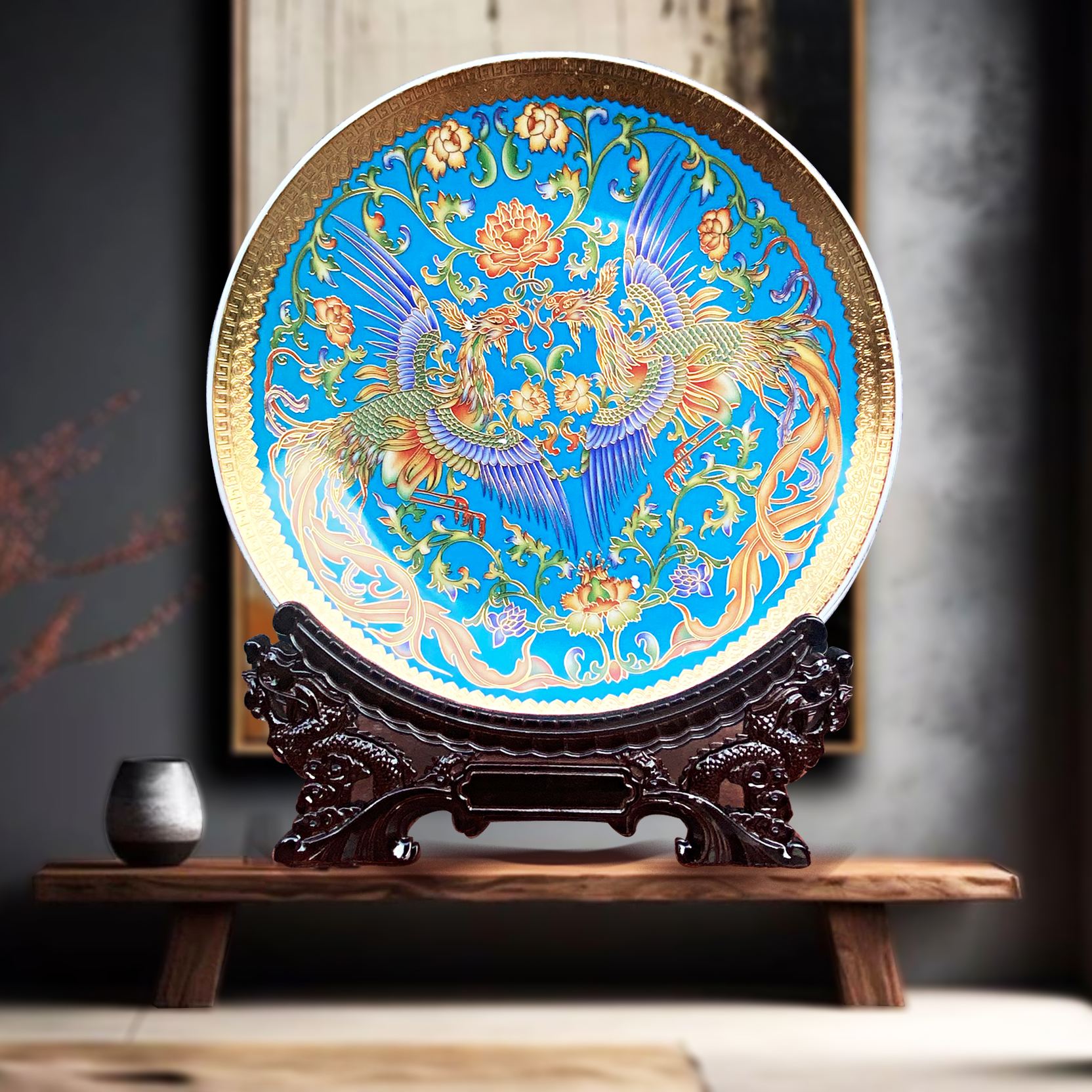 【百货优选】掐丝描金珐琅彩双凤赏盘