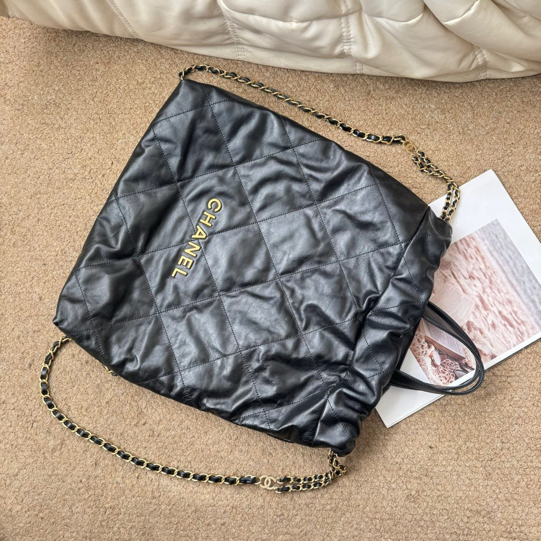 95新 Chanel/香奈儿 Chanel 黑金 牛皮 22bag双肩中号/644774763