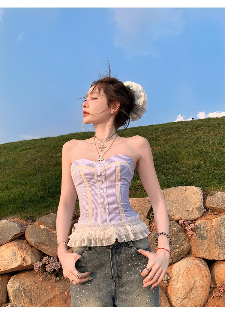 八盖pinky piggy 西西里岛 辣妹可拆卸吊带花边抹胸修身纯欲上衣