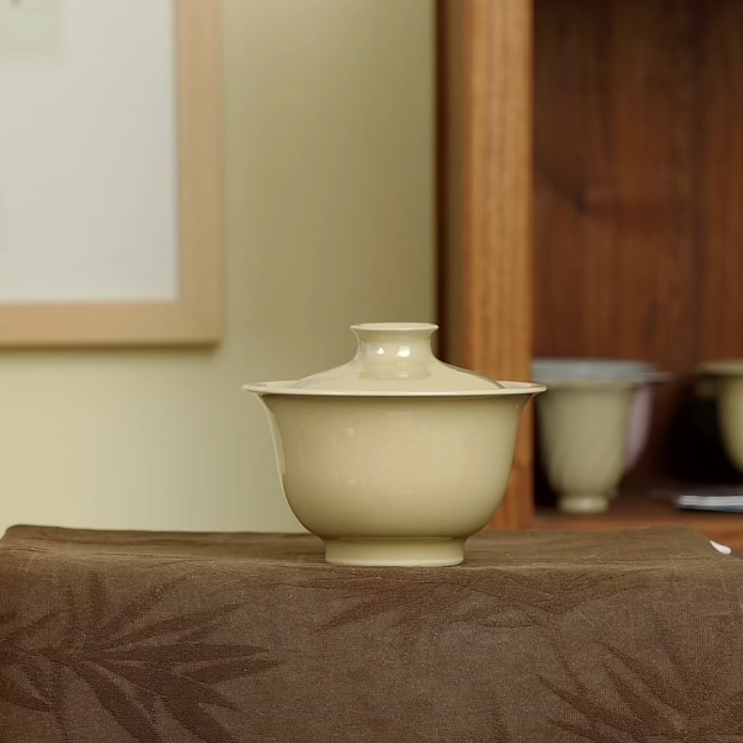 中式米色支丁二才盖碗茶杯功夫泡茶碗防烫茶碗周贝龙泉青瓷