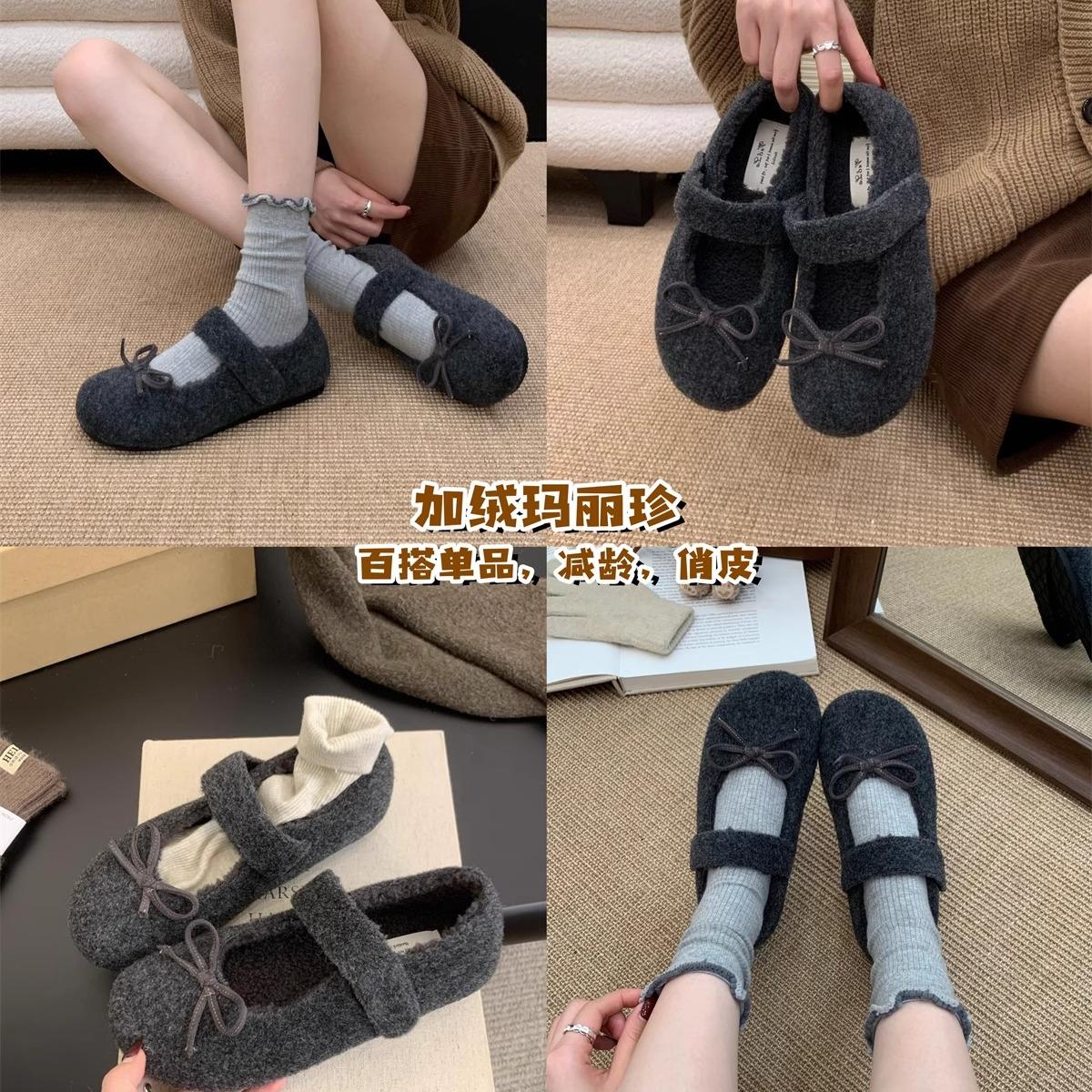 法式仙女加绒玛丽珍鞋2025冬季法式甜美毛呢蝴蝶结圆头浅口芭蕾鞋