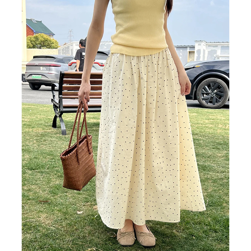 杏色波点半身裙口袋女2025春夏新款显瘦长款a字裙遮胯显瘦大摆裙